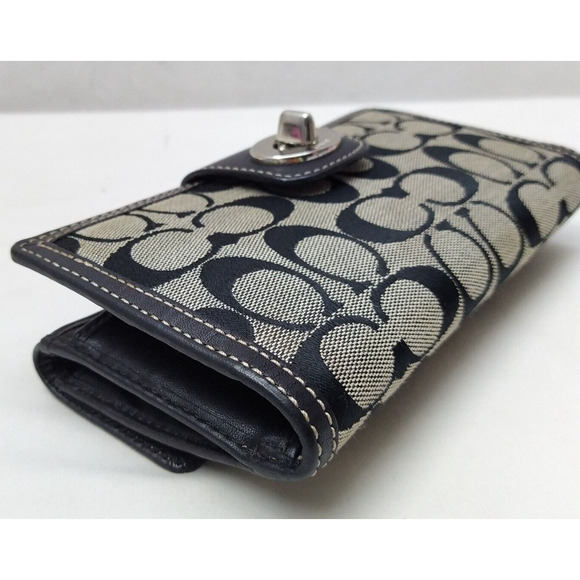 Coach Signature Canvas Leather Trim Turnlock Checkbook Credit Card Bifold Wallet - Picture 8 of 16